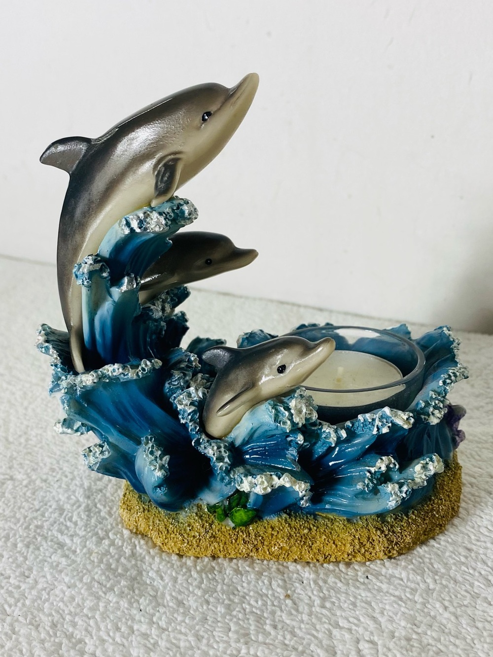 Vintage 90s Y2K Dolphin Ocean Wave Resin Tealight Candle Holder Figurine